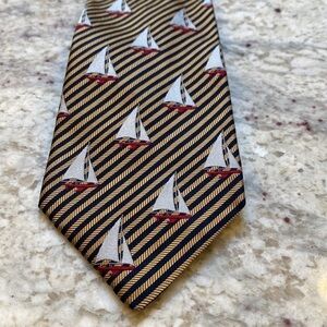 Tom James Silk Gold, Black, Red, and White Sailboat Tie